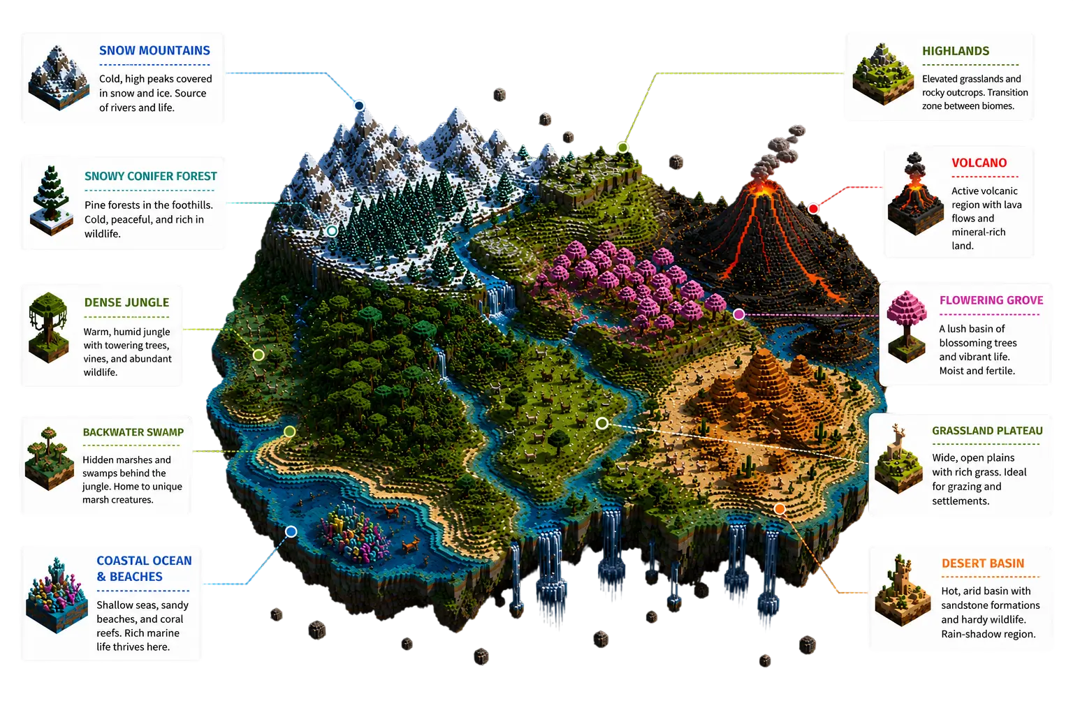 Reference island with a legend pointing out each biome: snow mountains, snowy conifer forest, highlands, dense jungle, backwater swamp, coastal ocean and beaches, volcano, flowering grove, grassland plateau, and desert basin.